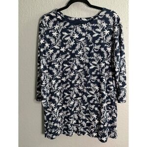 J.Jill Luxe Crew Neck XL Tunic Navy White Floral Print Cotton Casual Relaxed